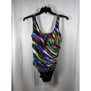 Trimshaper Womens Multicolor Striped Ruched One Piece Swimsuit Size 14 6505303